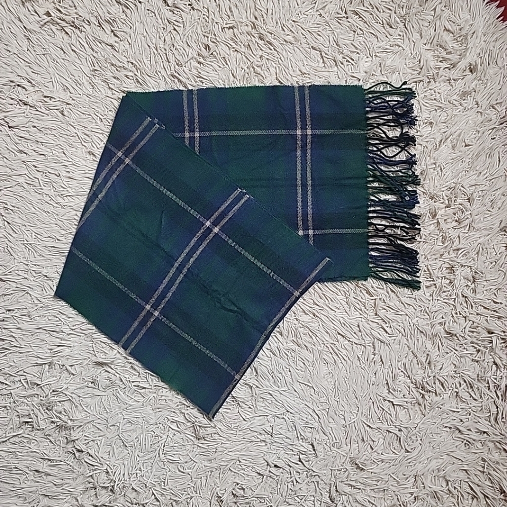 Cashmere Scarf Plaid Green and Blue Fringe Trim Ends Preppy Quiet Luxury Fall